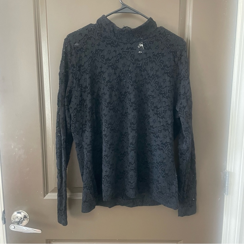 H&M Black Lace Floral Long Sleeve Top See-Through Sheer Mock Neck Size XL
